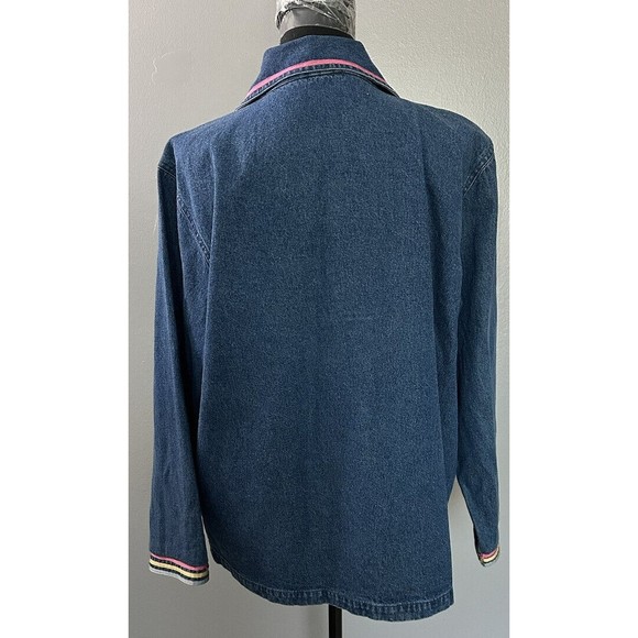 Floral Blue Jean Denim Shirt Jacket Size L Keren Hart Embroidered Shacket Blazer - Picture 4 of 6